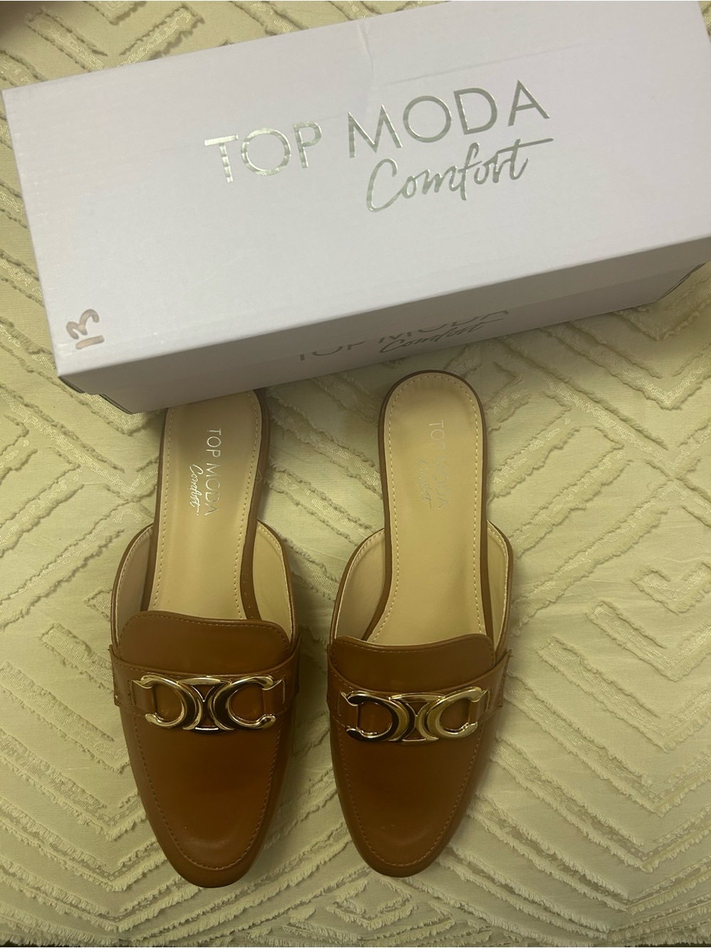 TOP Moda Cognac Slip-On Loafer Mules with Gold Accent